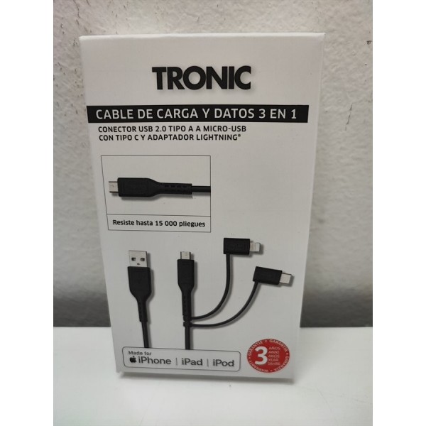 Cable Carga Tronic 3 en 1 Iphone/Android Negro Nuevo -2-